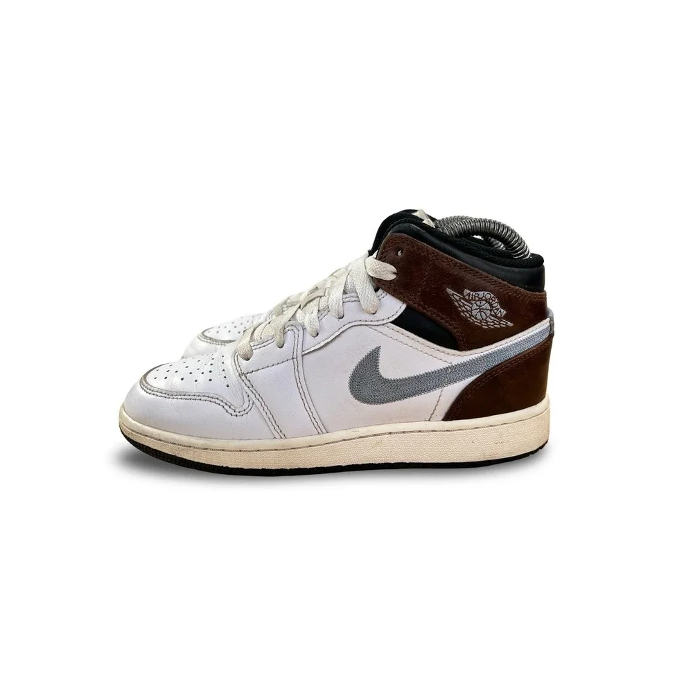 Nike Air Jordan 1 Mid Kids Size 4.5Y White Brown Grey Sneakers
